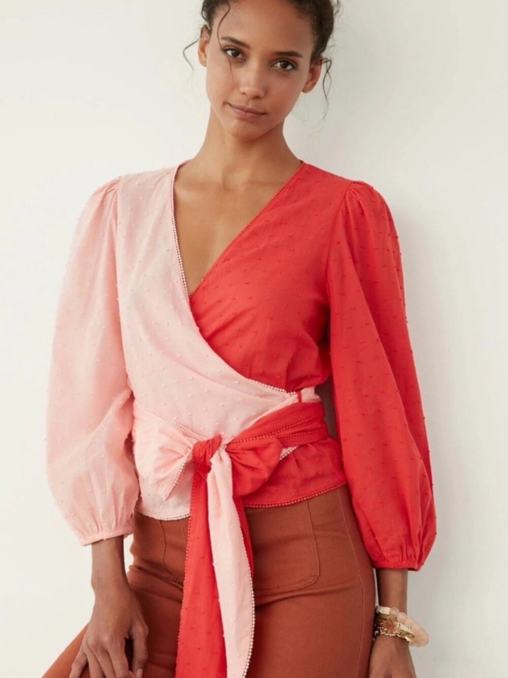 FARM Rio Anthropologie Pink/Red Colorblock Wrap Blouse XL Swiss Dot